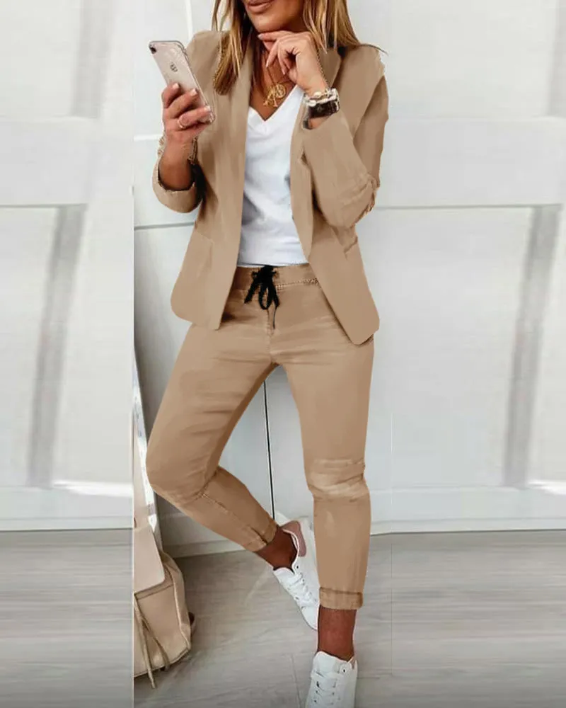 Lapel Neck Blazer Coat & Drawstring Pants Set