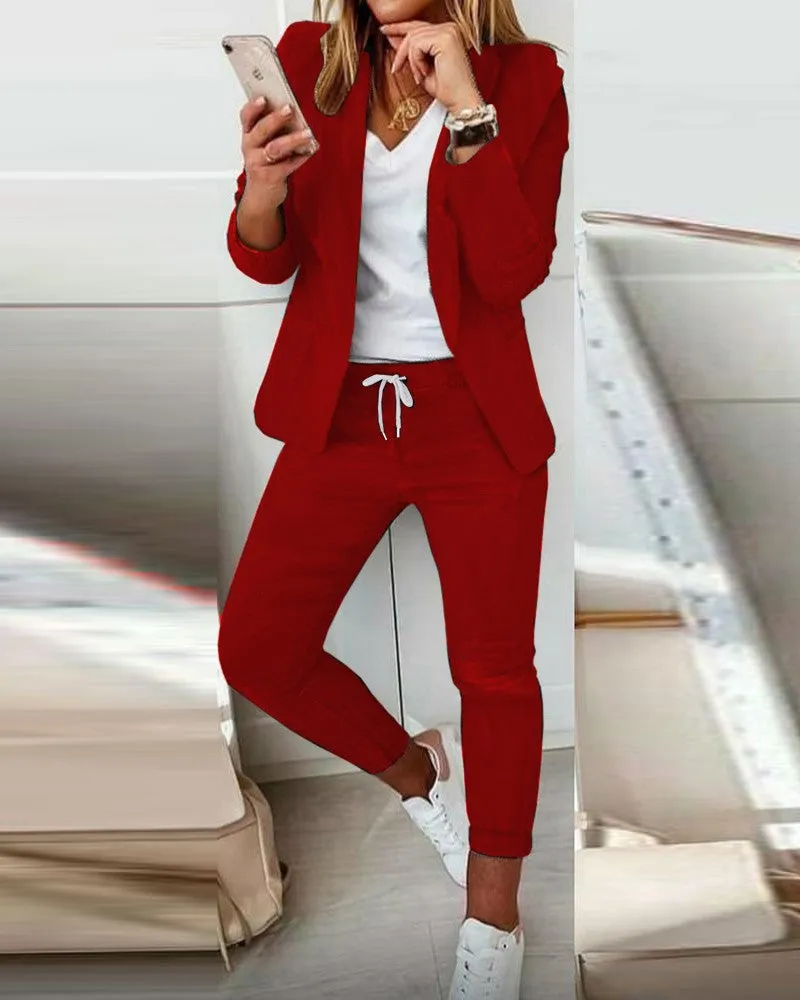 Lapel Neck Blazer Coat & Drawstring Pants Set