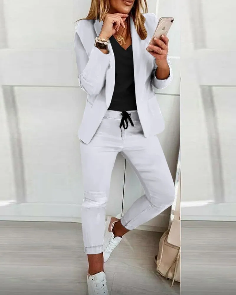 Lapel Neck Blazer Coat & Drawstring Pants Set