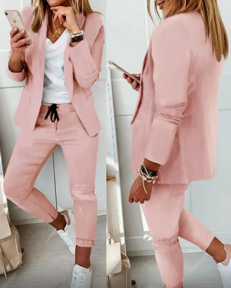 Lapel Neck Blazer Coat & Drawstring Pants Set