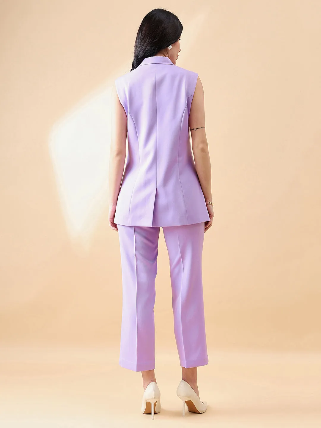 Lavender Polyester Cut Sleeve Notch Collar Stretch Pant Suit