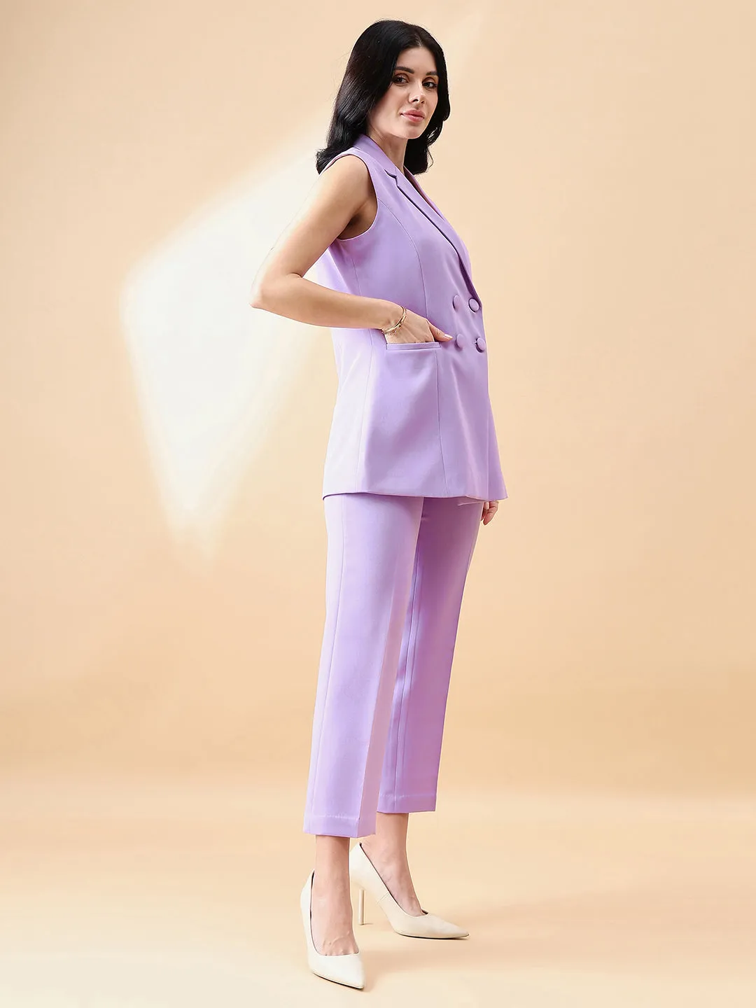 Lavender Polyester Cut Sleeve Notch Collar Stretch Pant Suit