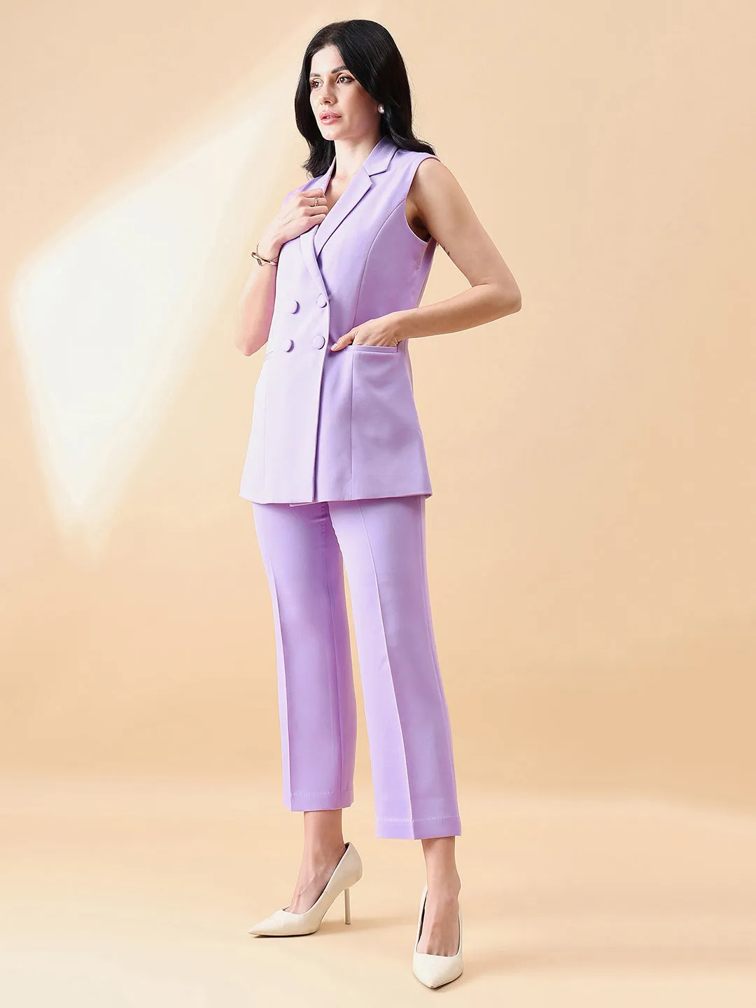 Lavender Polyester Cut Sleeve Notch Collar Stretch Pant Suit