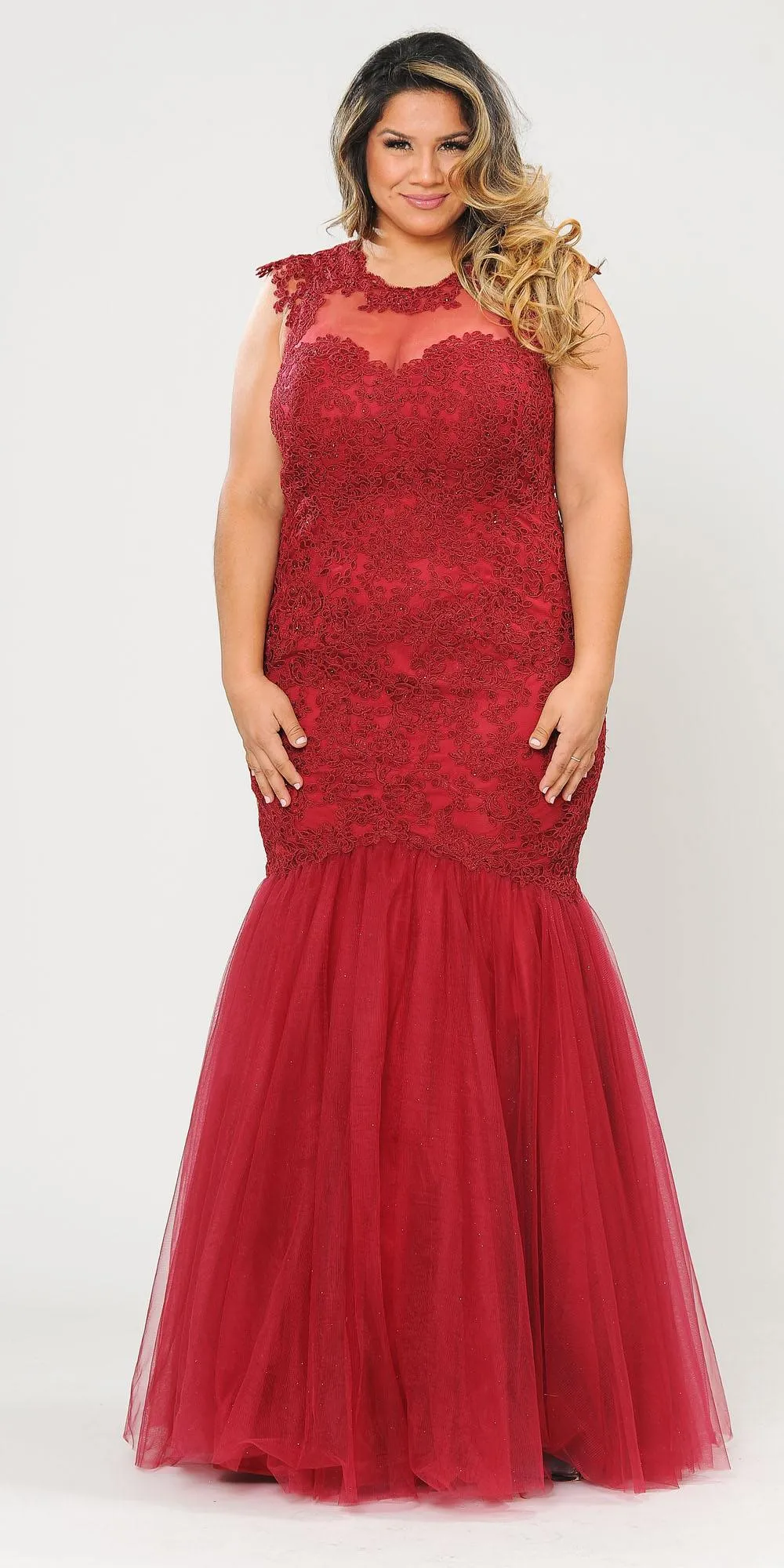 Lindas W1084 Embroidered Bodice Mesh Illusion Top Corset Mermaid Plus Size Dress