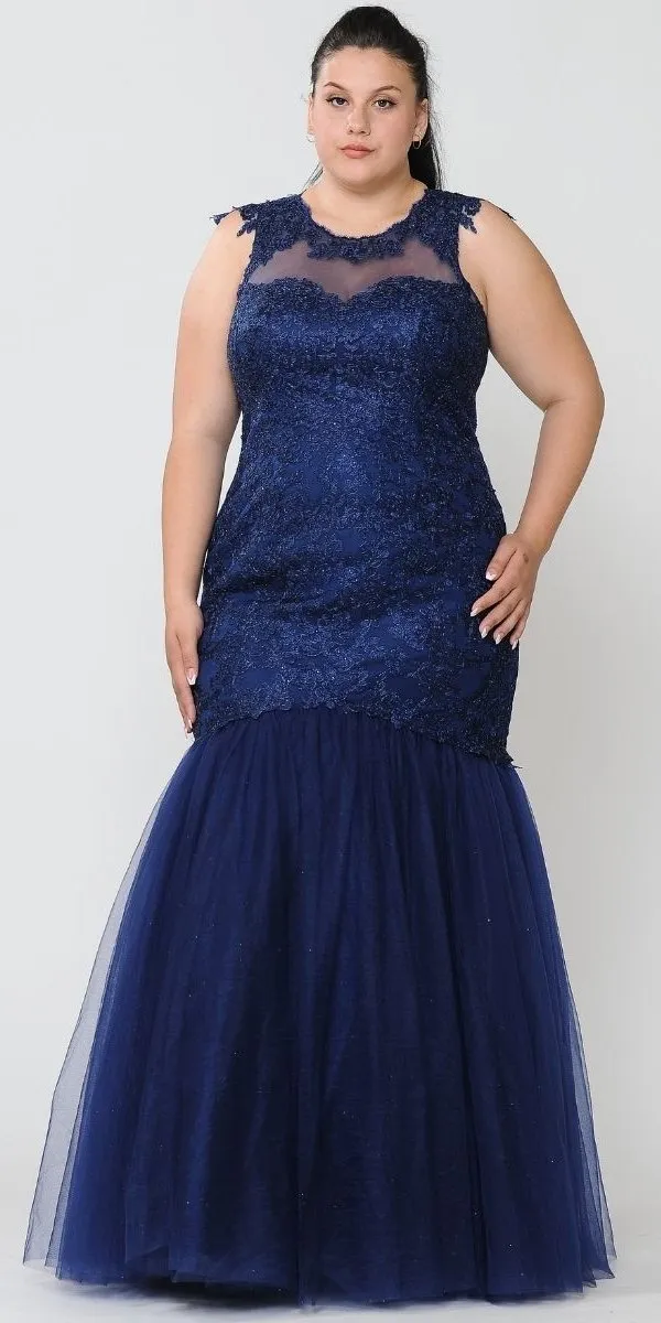 Lindas W1084 Embroidered Bodice Mesh Illusion Top Corset Mermaid Plus Size Dress