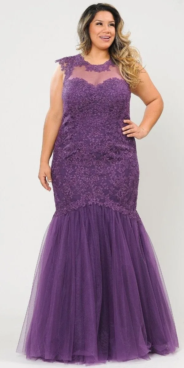 Lindas W1084 Embroidered Bodice Mesh Illusion Top Corset Mermaid Plus Size Dress