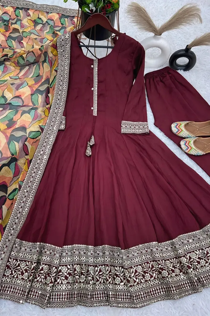 Maroon Full Sleeve Gown for Party Wear