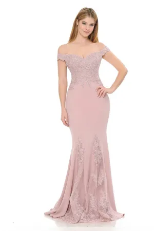 Mauve Off-Shoulder Embroidered Crepe Godet Formal Dress