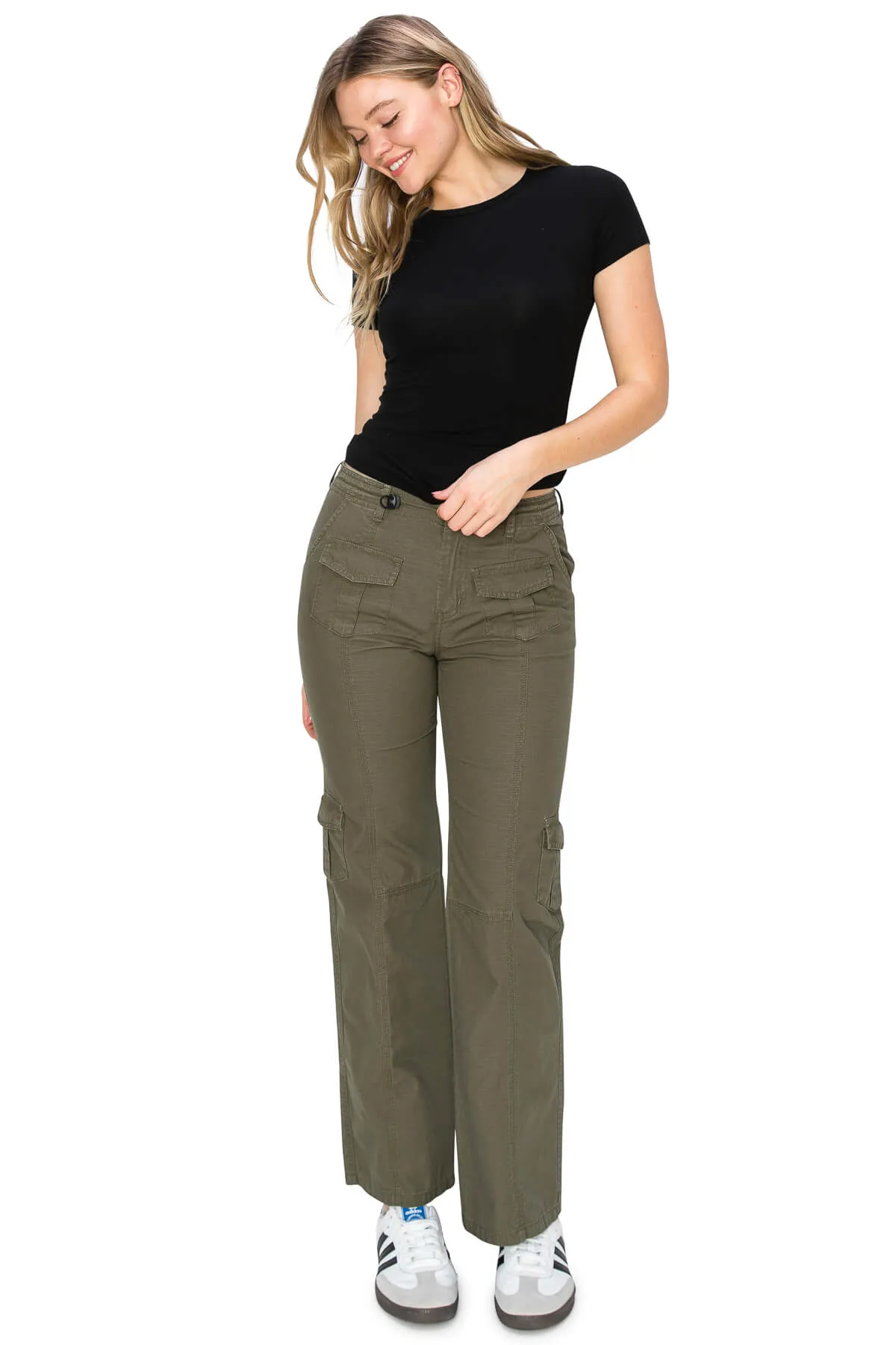 Mid Rise Adjustable Waist Cargo Pants - Olive