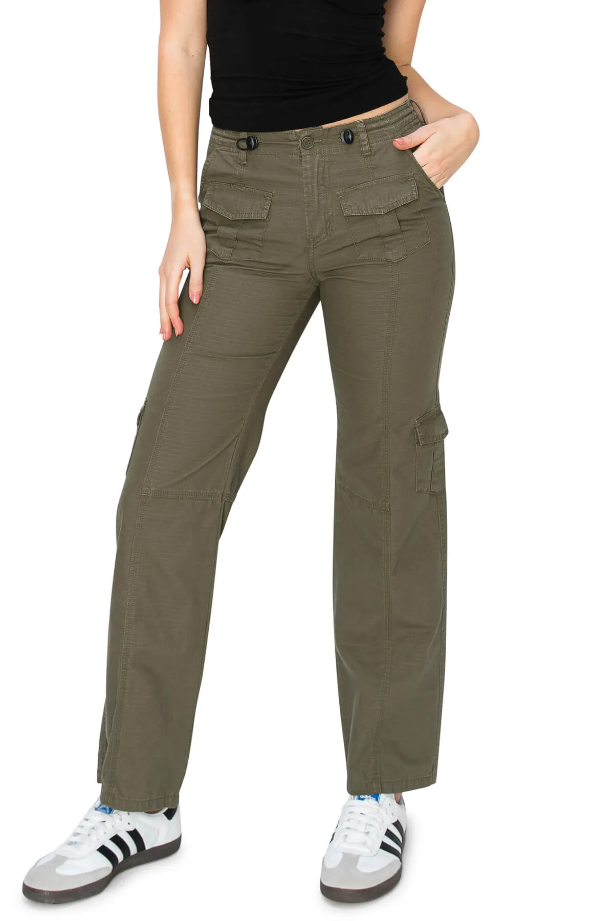 Mid Rise Adjustable Waist Cargo Pants - Olive