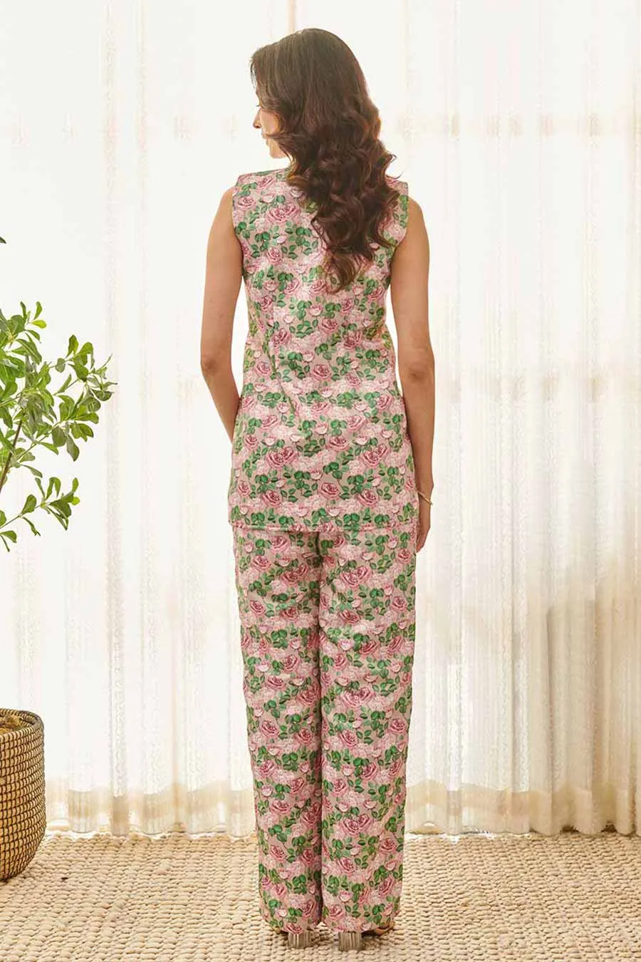 Mocha Brown Floral Printed Blazer & Pant Set