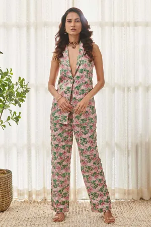 Mocha Brown Floral Printed Blazer & Pant Set