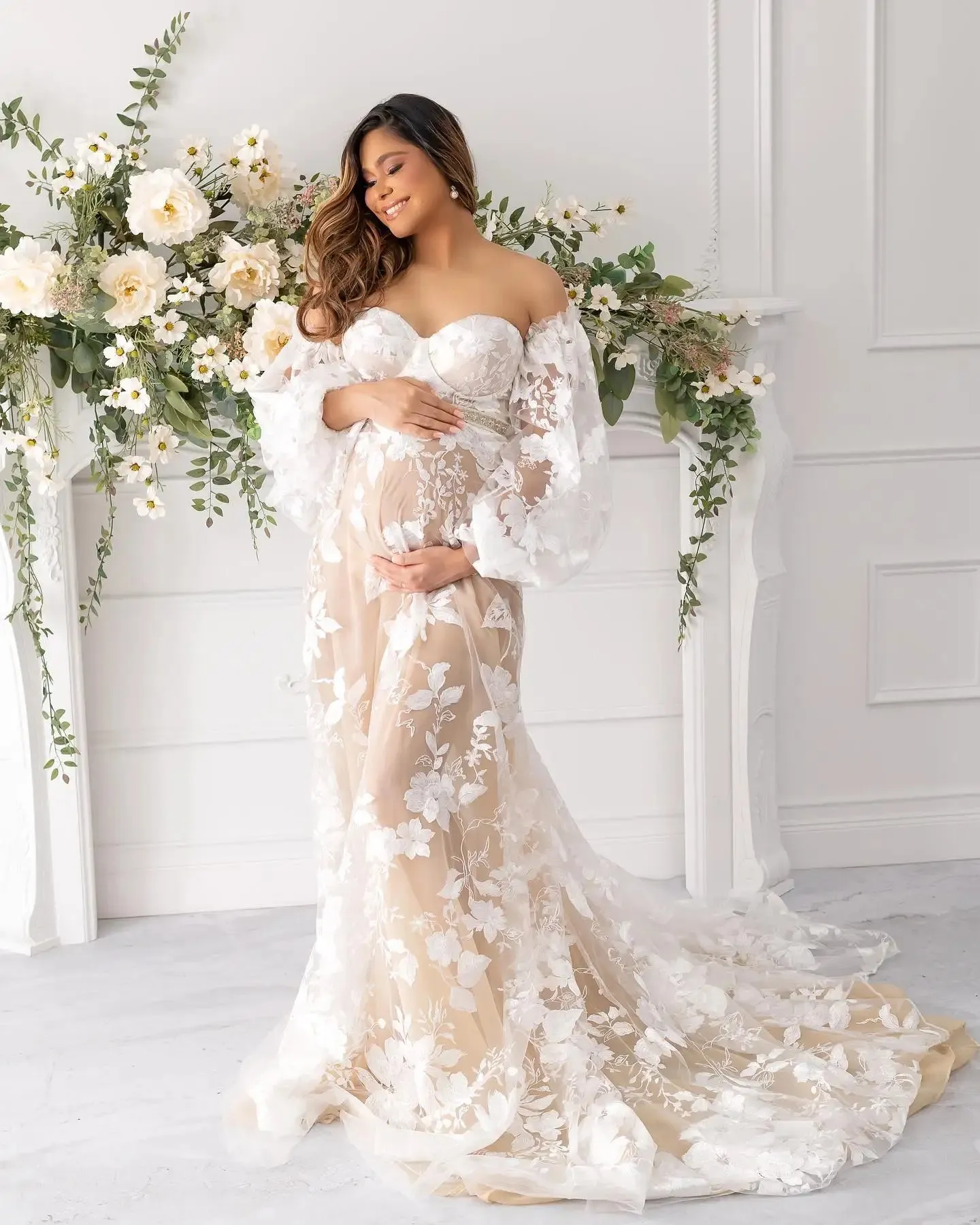 MQTIME  -  Bohemian Lace Maternity Evening Robes for Photo Shoot Fotos Gowns Long Sleeve Nightgown Baby Shower Dresses for Bride Party