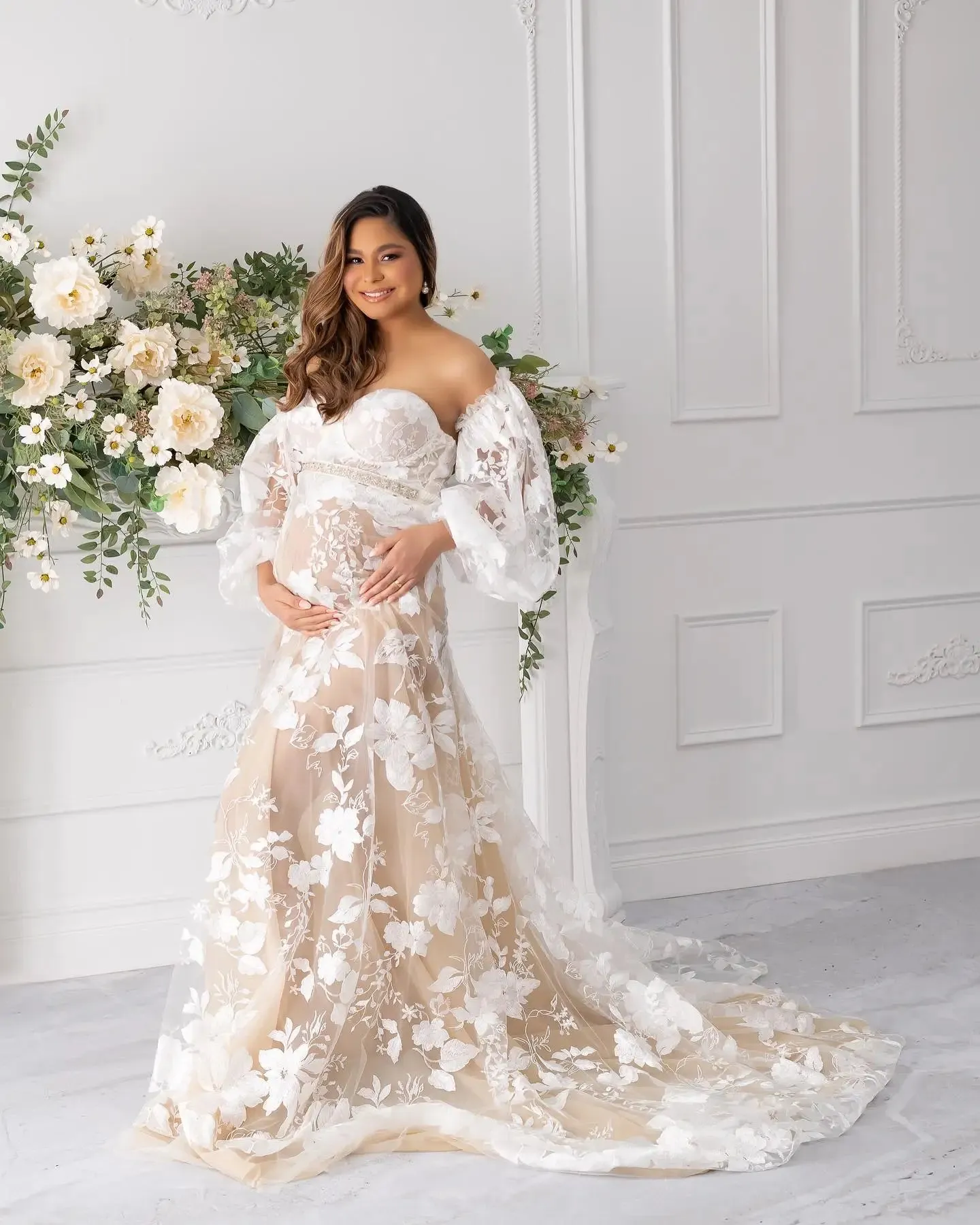 MQTIME  -  Bohemian Lace Maternity Evening Robes for Photo Shoot Fotos Gowns Long Sleeve Nightgown Baby Shower Dresses for Bride Party