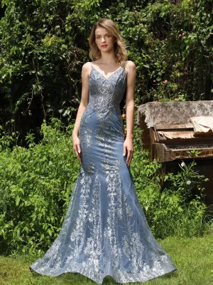 MQTIME  -  Elegant Blue Evening Dresses Lace Appliqued Sleeveless Mermaid Women Prom Gowns Sexy Floor Length Ruched Celebrity Party Dresses