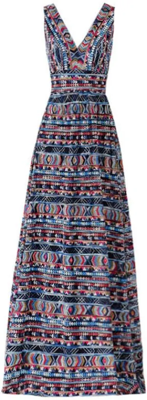 Multicolored Embroidered V-Neck Gown