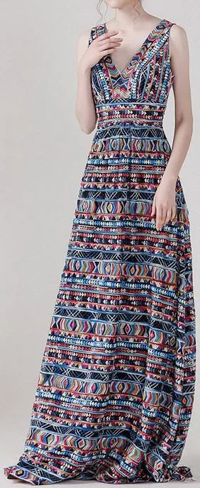 Multicolored Embroidered V-Neck Gown