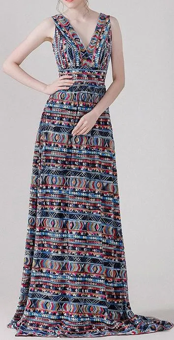 Multicolored Embroidered V-Neck Gown
