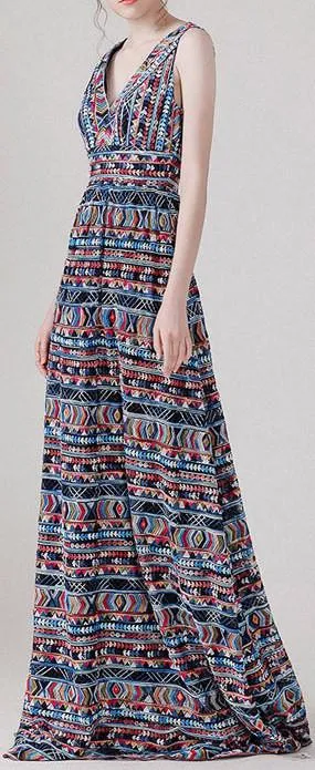 Multicolored Embroidered V-Neck Gown