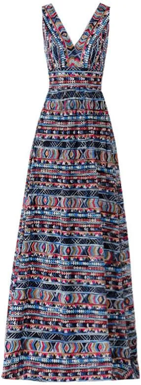 Multicolored Embroidered V-Neck Gown