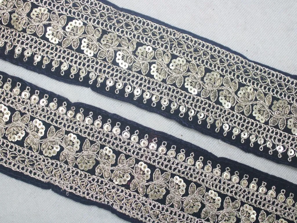 Navy Blue Fancy Zari and Sequins Work Embroidered Border