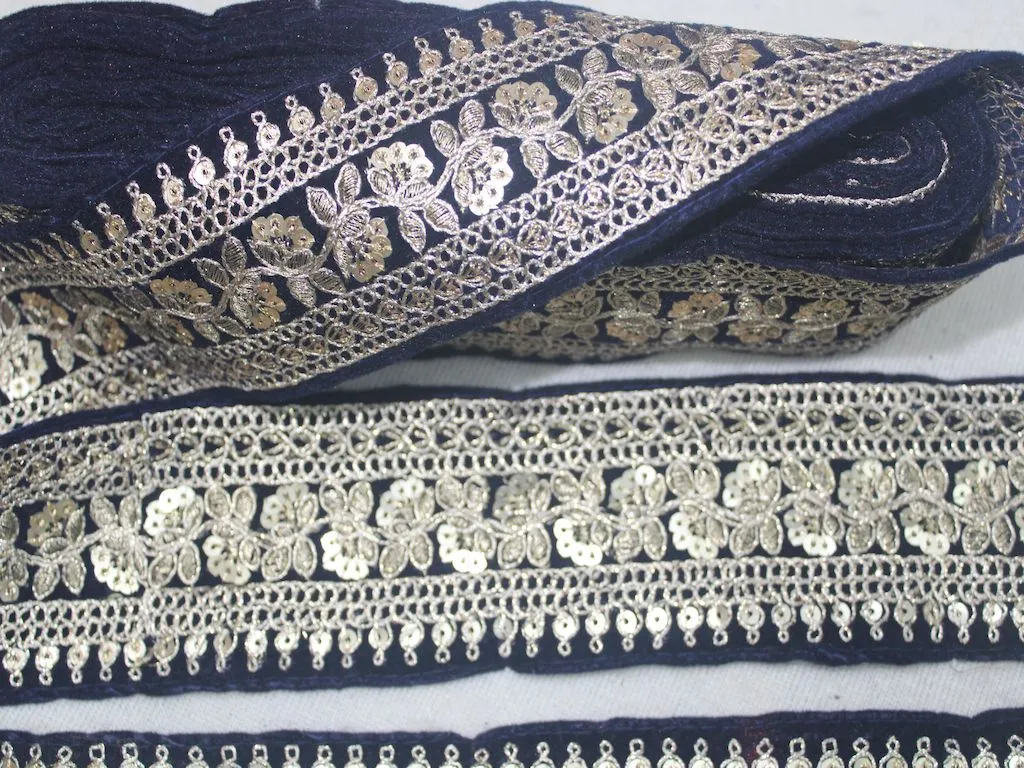 Navy Blue Fancy Zari and Sequins Work Embroidered Border