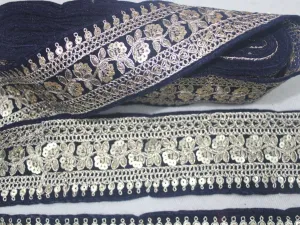 Navy Blue Fancy Zari and Sequins Work Embroidered Border
