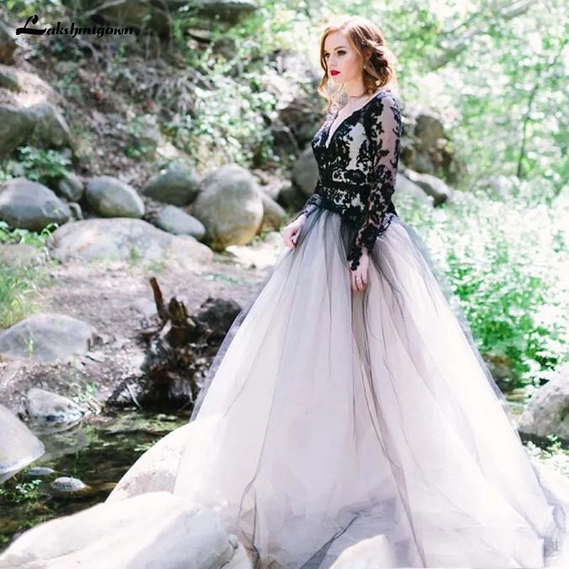 NumberSea Black A line Wedding Dresses Backless Long Sleeves Vestidos de Noivas Bridal Suknia Robe De Mariee Gothic Bridal Gowns