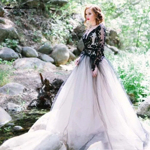 NumberSea Black A line Wedding Dresses Backless Long Sleeves Vestidos de Noivas Bridal Suknia Robe De Mariee Gothic Bridal Gowns