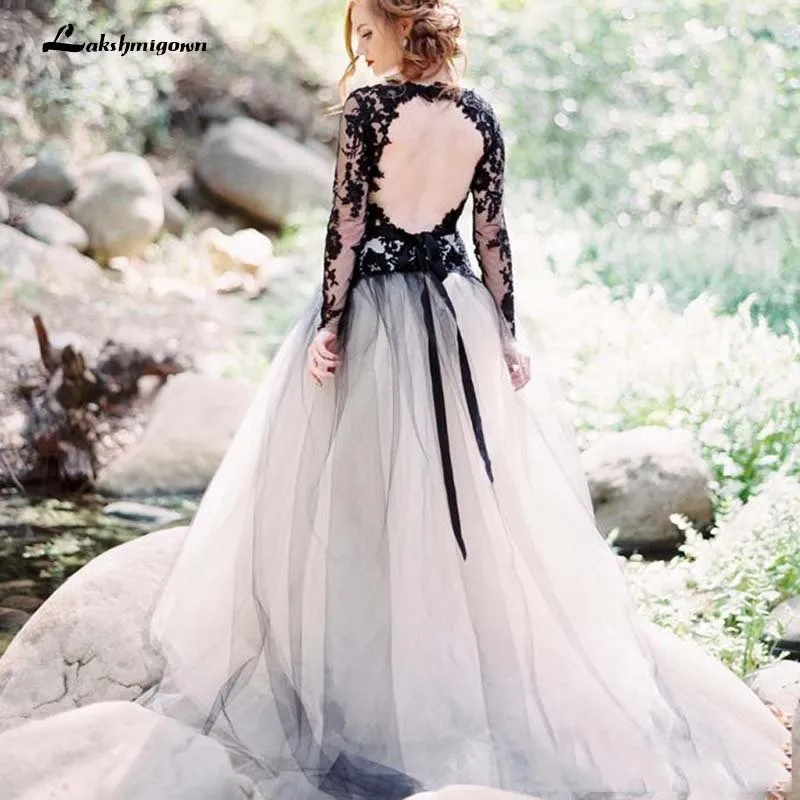 NumberSea Black A line Wedding Dresses Backless Long Sleeves Vestidos de Noivas Bridal Suknia Robe De Mariee Gothic Bridal Gowns