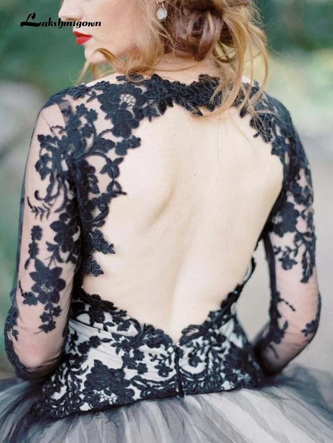 NumberSea Black A line Wedding Dresses Backless Long Sleeves Vestidos de Noivas Bridal Suknia Robe De Mariee Gothic Bridal Gowns