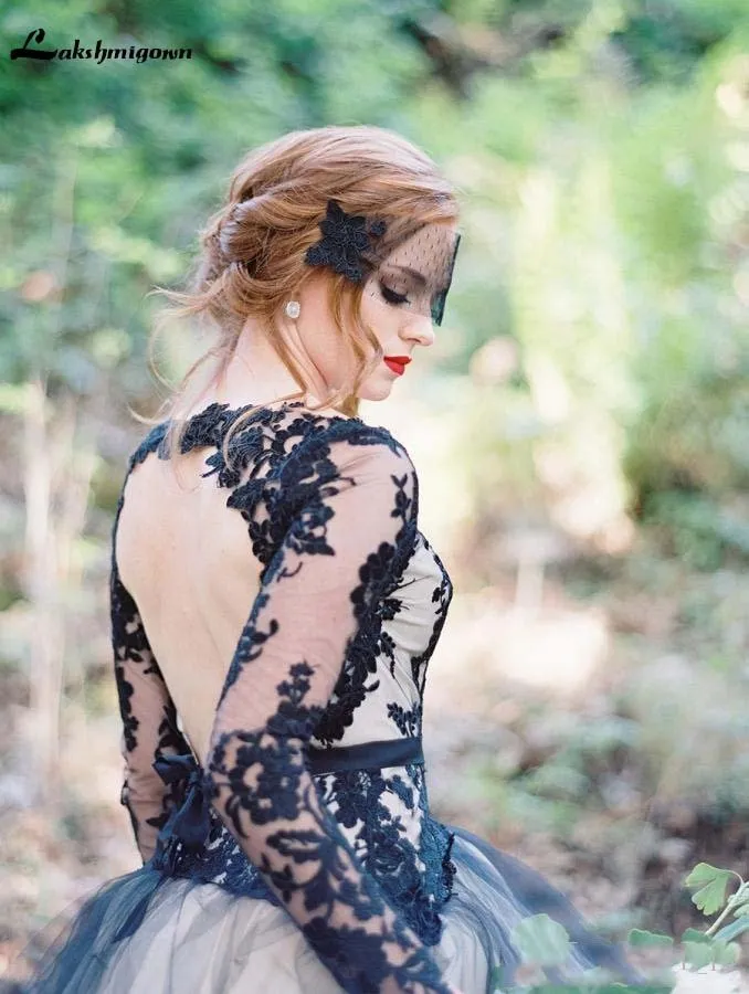 NumberSea Black A line Wedding Dresses Backless Long Sleeves Vestidos de Noivas Bridal Suknia Robe De Mariee Gothic Bridal Gowns