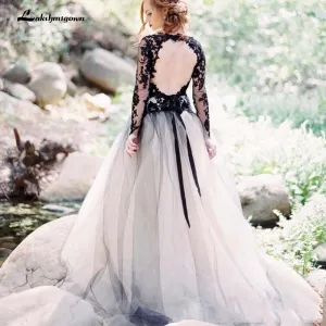 NumberSea Black A line Wedding Dresses Backless Long Sleeves Vestidos de Noivas Bridal Suknia Robe De Mariee Gothic Bridal Gowns