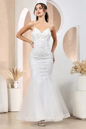 Off White Lace Embroidered Tulle Embroidered Evening Gown
