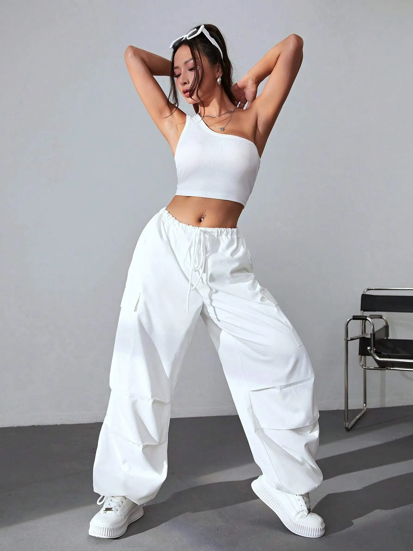 One Shoulder Top And Drawstring Cargo Pants