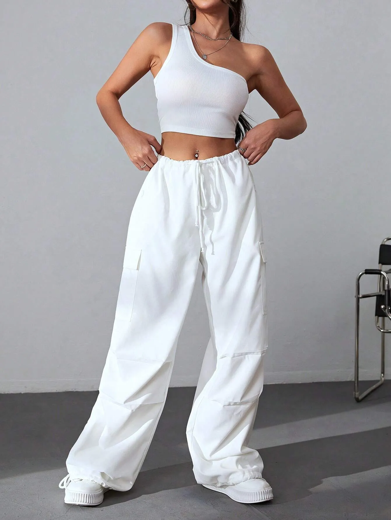 One Shoulder Top And Drawstring Cargo Pants