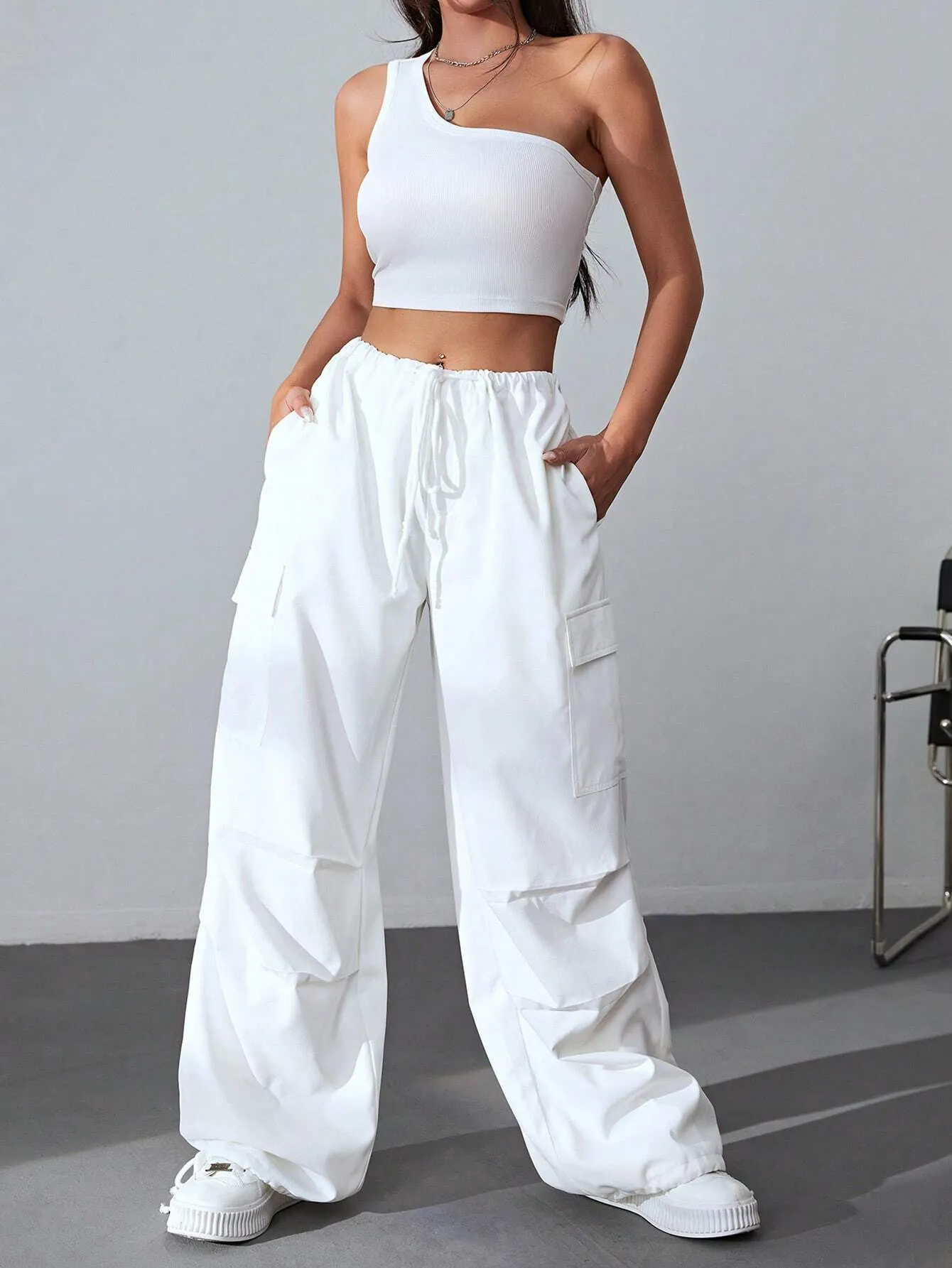 One Shoulder Top And Drawstring Cargo Pants