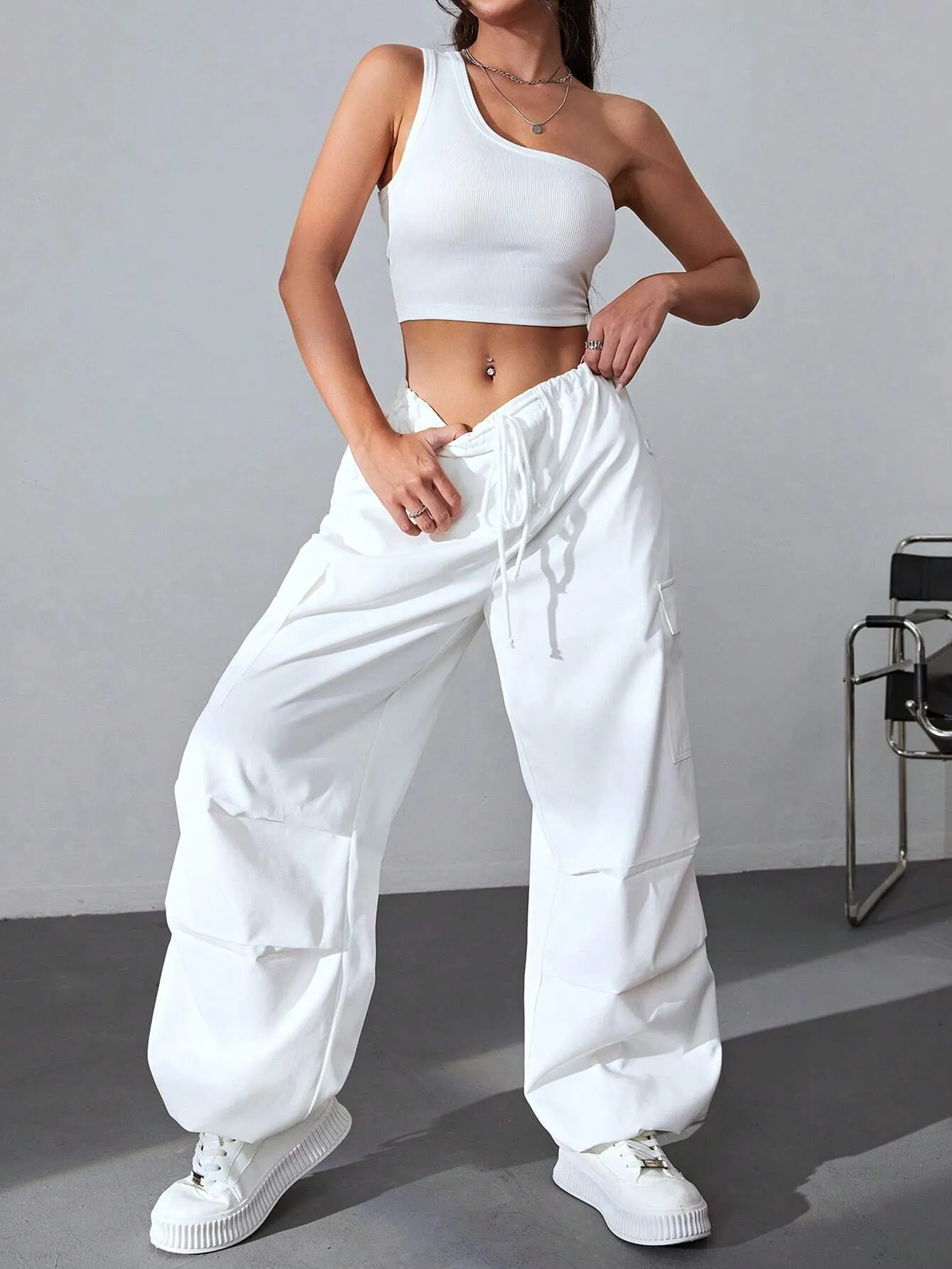 One Shoulder Top And Drawstring Cargo Pants