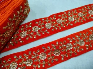 Orange Embellished Fancy Work Lace