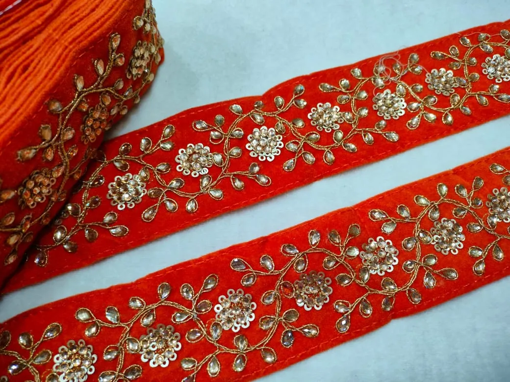 Orange Embellished Fancy Work Lace