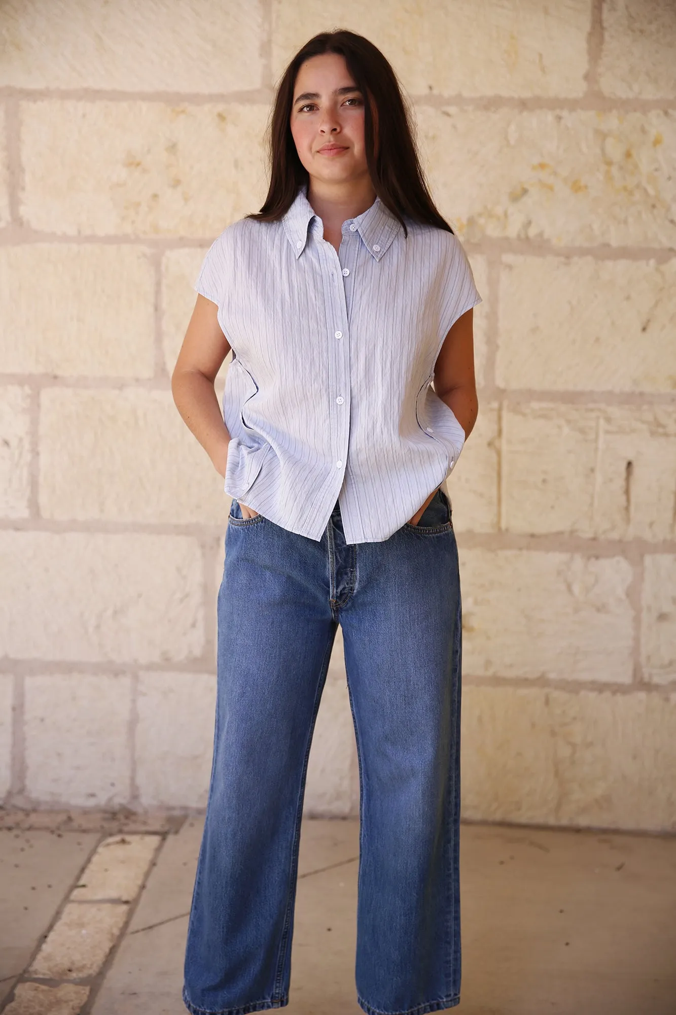 Perth Cap Sleeve Button Pinstripe Blouse Blue