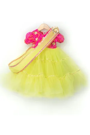 Pink And Yellow Bandhej Printed Net Gown