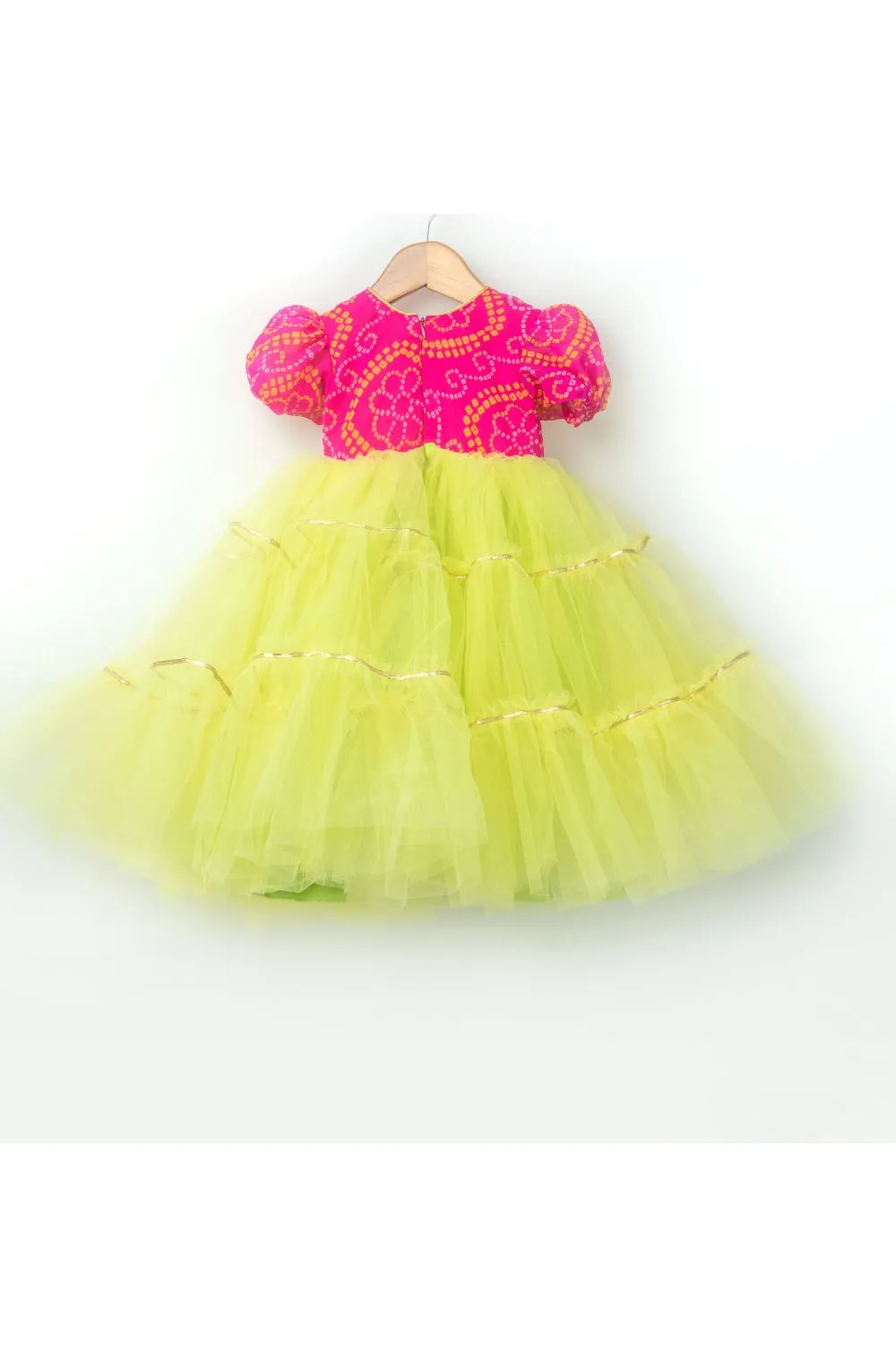 Pink And Yellow Bandhej Printed Net Gown