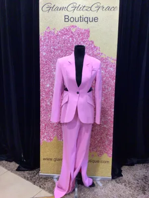 Pink Two Piece V-Cut Blazer Set With Cut Out