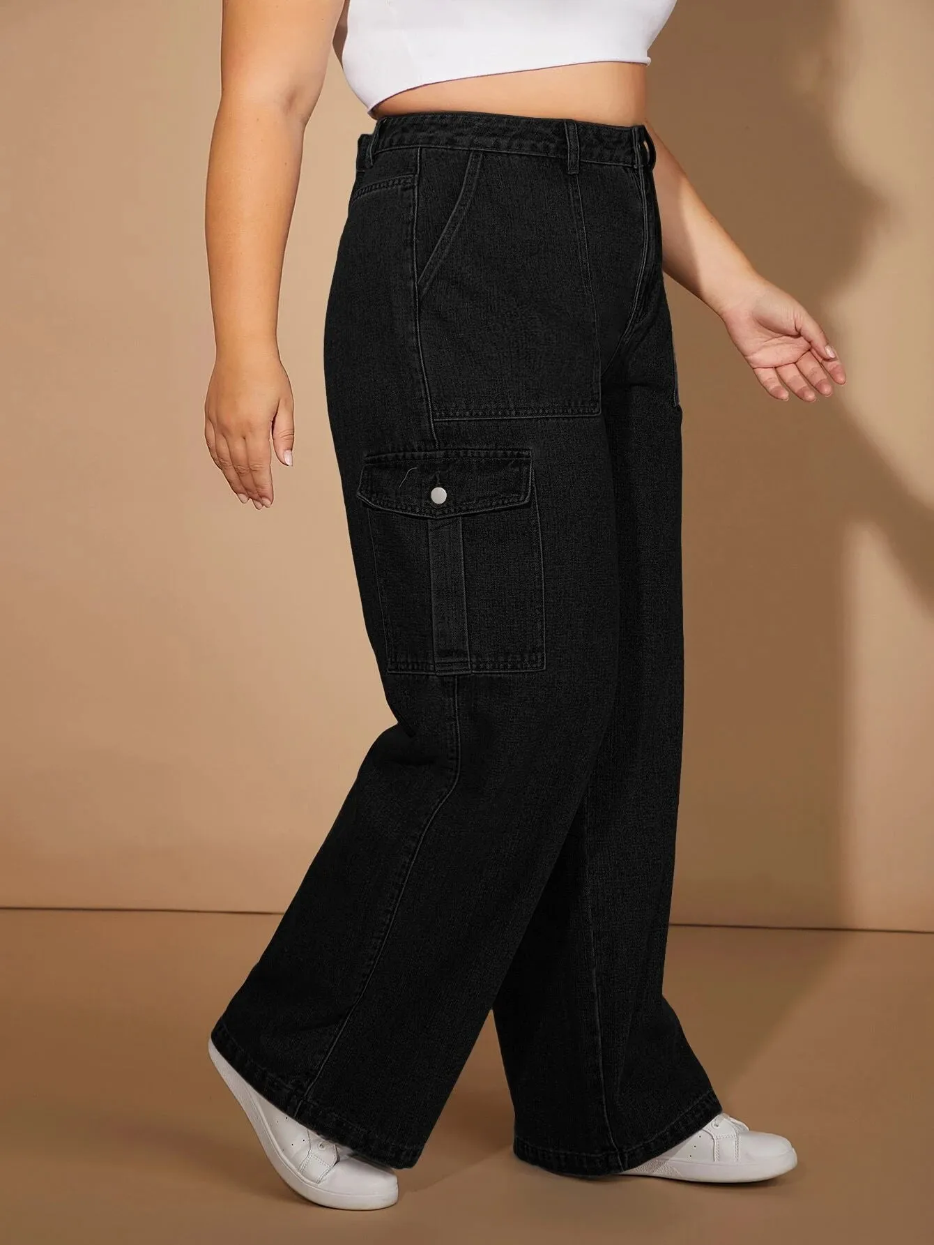 Plus Size Cargo Jeans With Flap Pockets