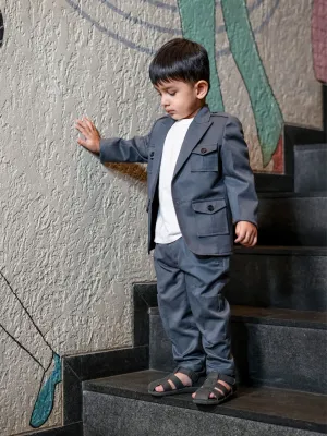 Pre-Order: Korean Themed Multi Pocket Causual Blazer Set ( Charcoal Grey)