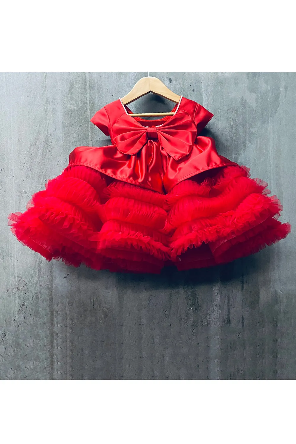 Red Pearl Embroidered Frill Dress