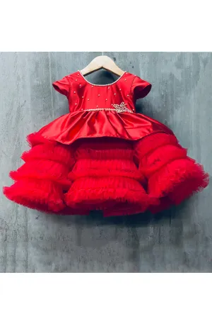 Red Pearl Embroidered Frill Dress