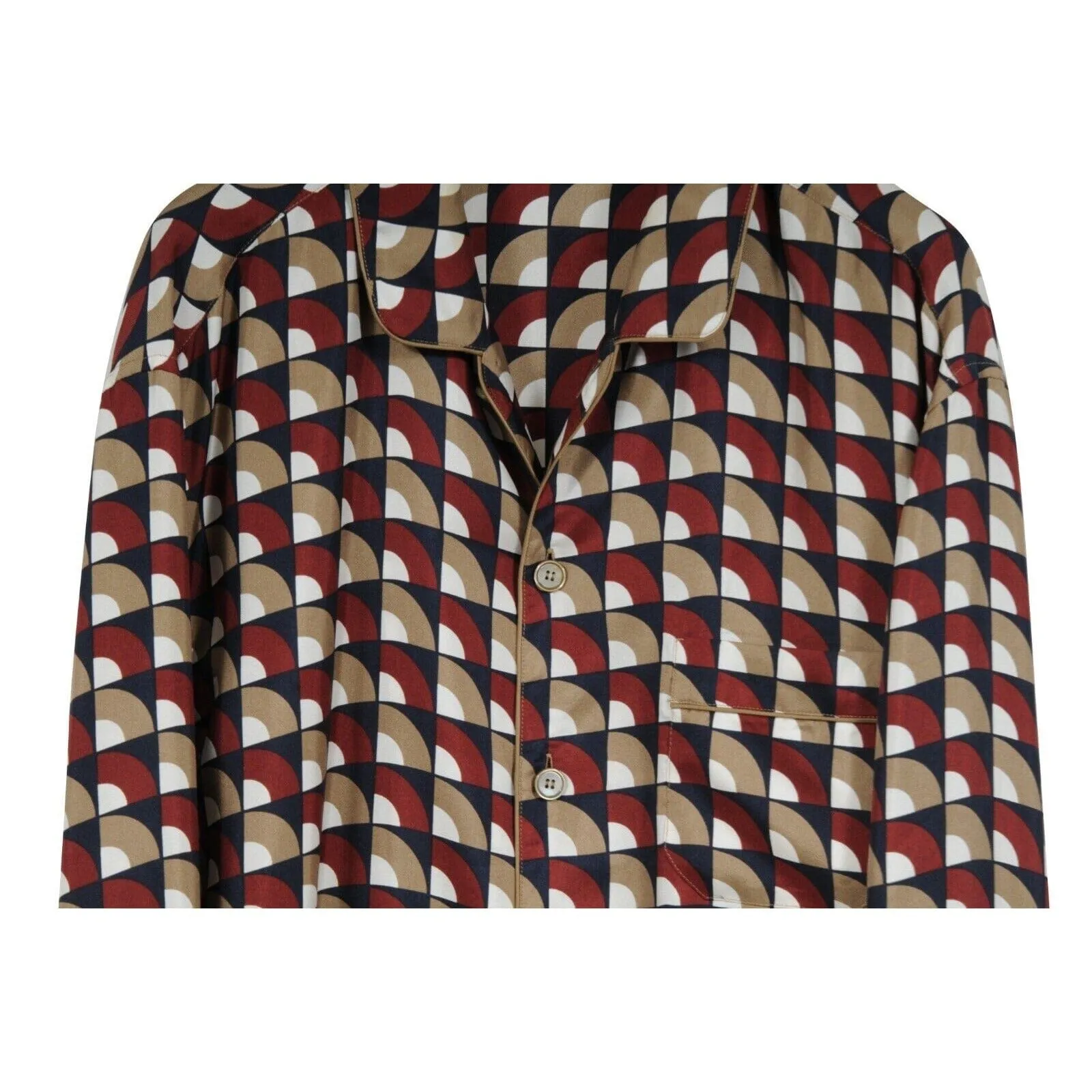 Red Tan Geometric Silk Button Down Pajama Shirt