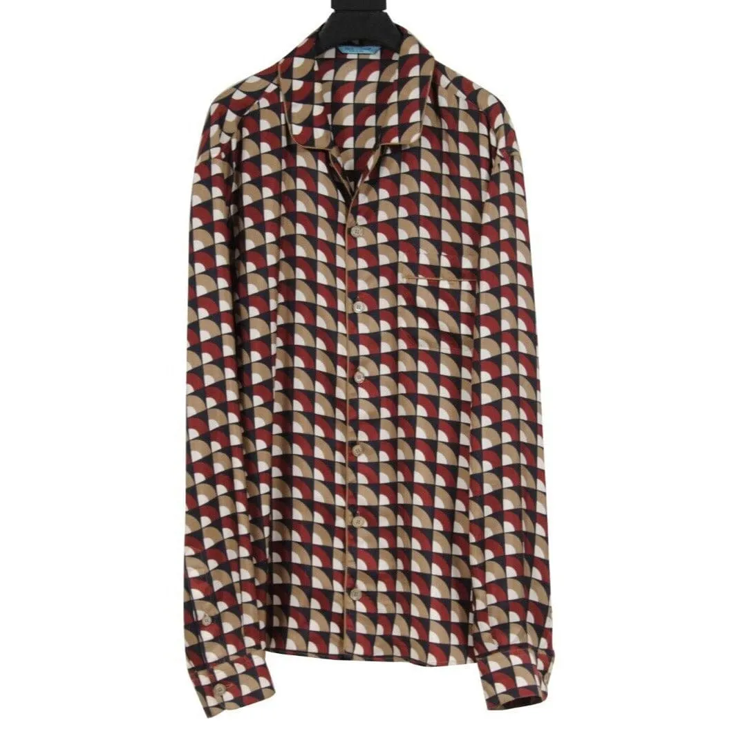 Red Tan Geometric Silk Button Down Pajama Shirt
